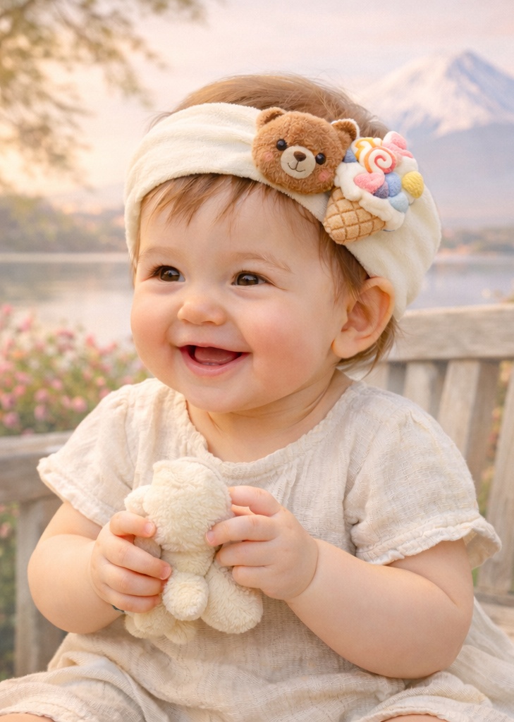 Vente en gros bandeau bébé ourson et cornet citron vanille – headband peluche minimaliste pour importateurs et marques