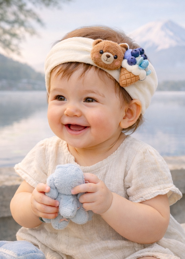 Service private label bandeau bébé glace fraise chantilly avec ourson – accessoire cheveux doux pour détaillants et e-commerce