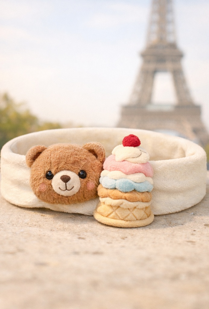Création sur mesure bandeau lilas bébé ourson et cornet raisin violet – modèle B2B tendance pour concept stores enfants