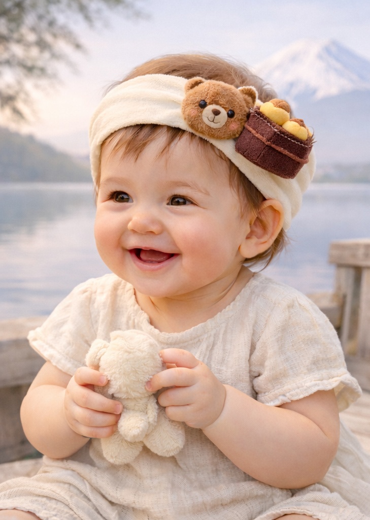 Service ODM bandeau crème bébé ourson, mochi blanc et baies rouges – headband antiglisse doux pour distributeurs enfants