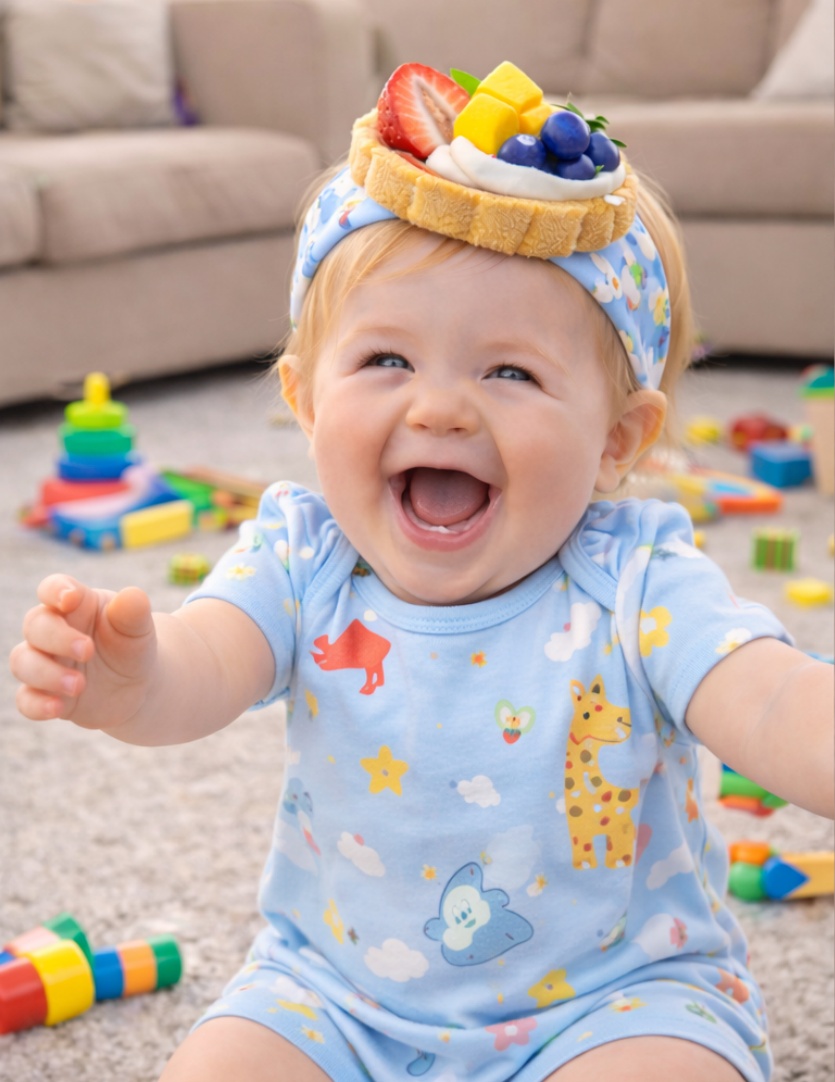 Faixa de cabeça para bebês com personagens de comida removíveis, design prático e fofo para recém-nascidos