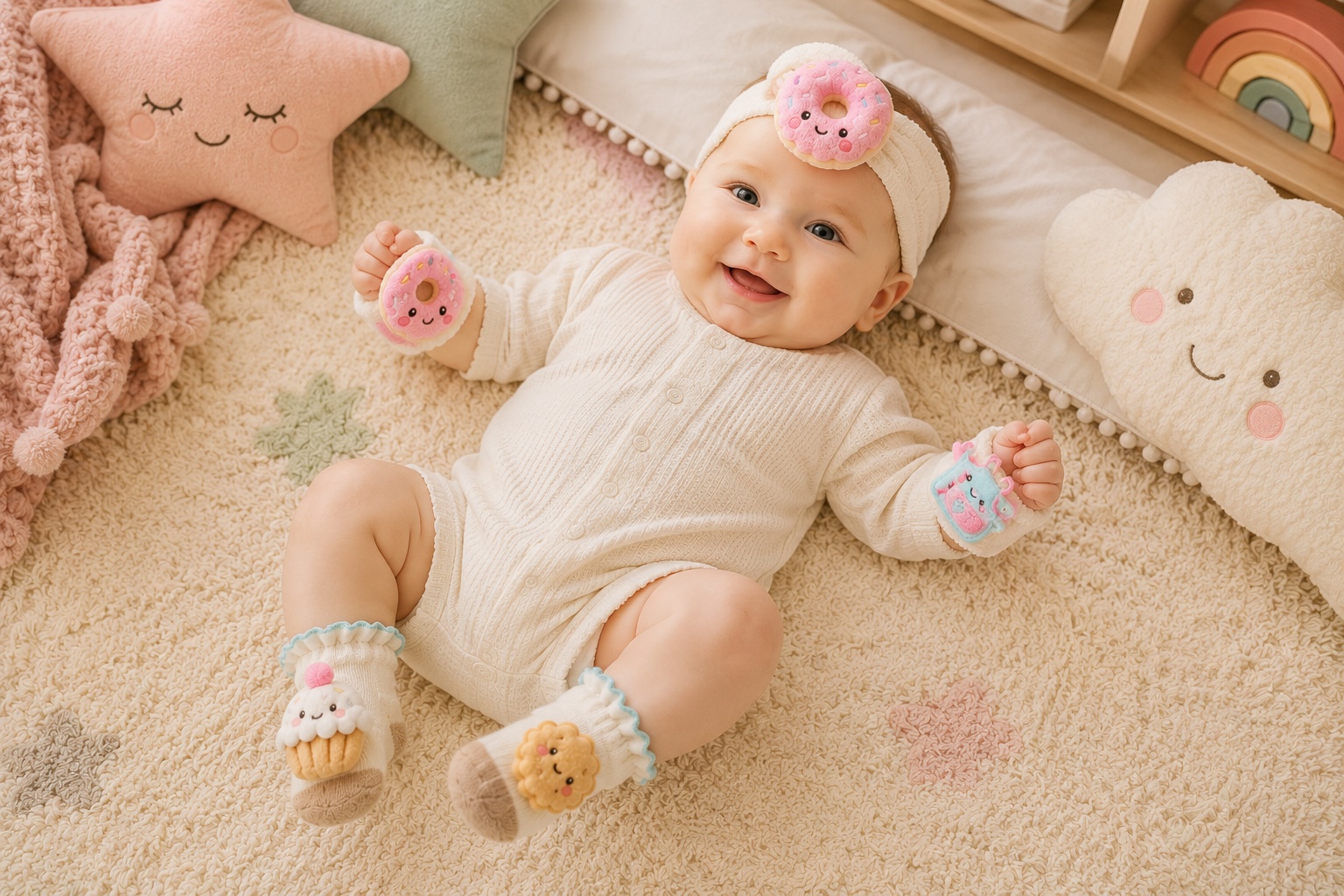 OEM Baby Girl Plush Headband, Socks & Bracelet Gift Box Set with Donut and Cupcake Designs