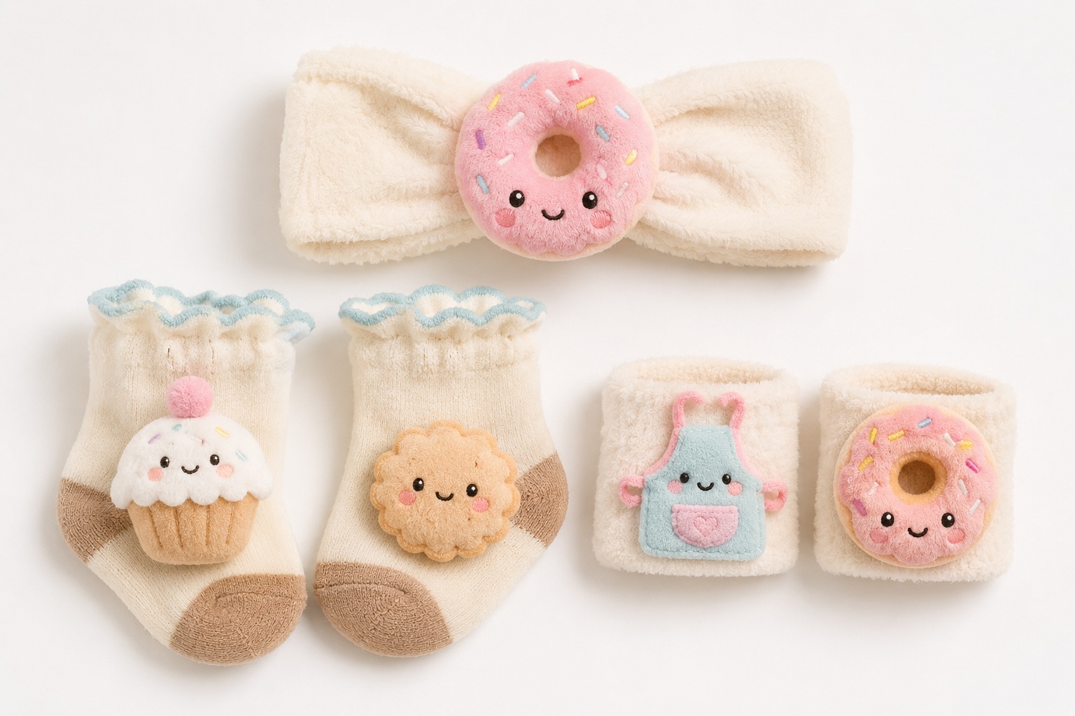 OEM Baby Girl Plush Headband, Socks & Bracelet Gift Box Set with Donut and Cupcake Designs
