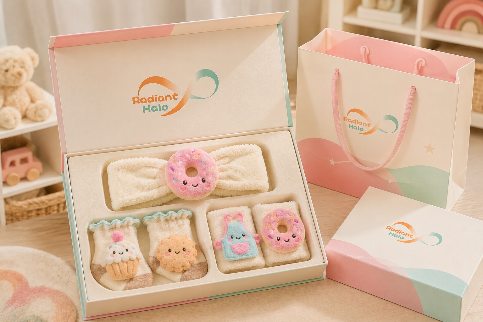 OEM Baby Girl Plush Headband, Socks & Bracelet Gift Box Set with Donut and Cupcake Designs