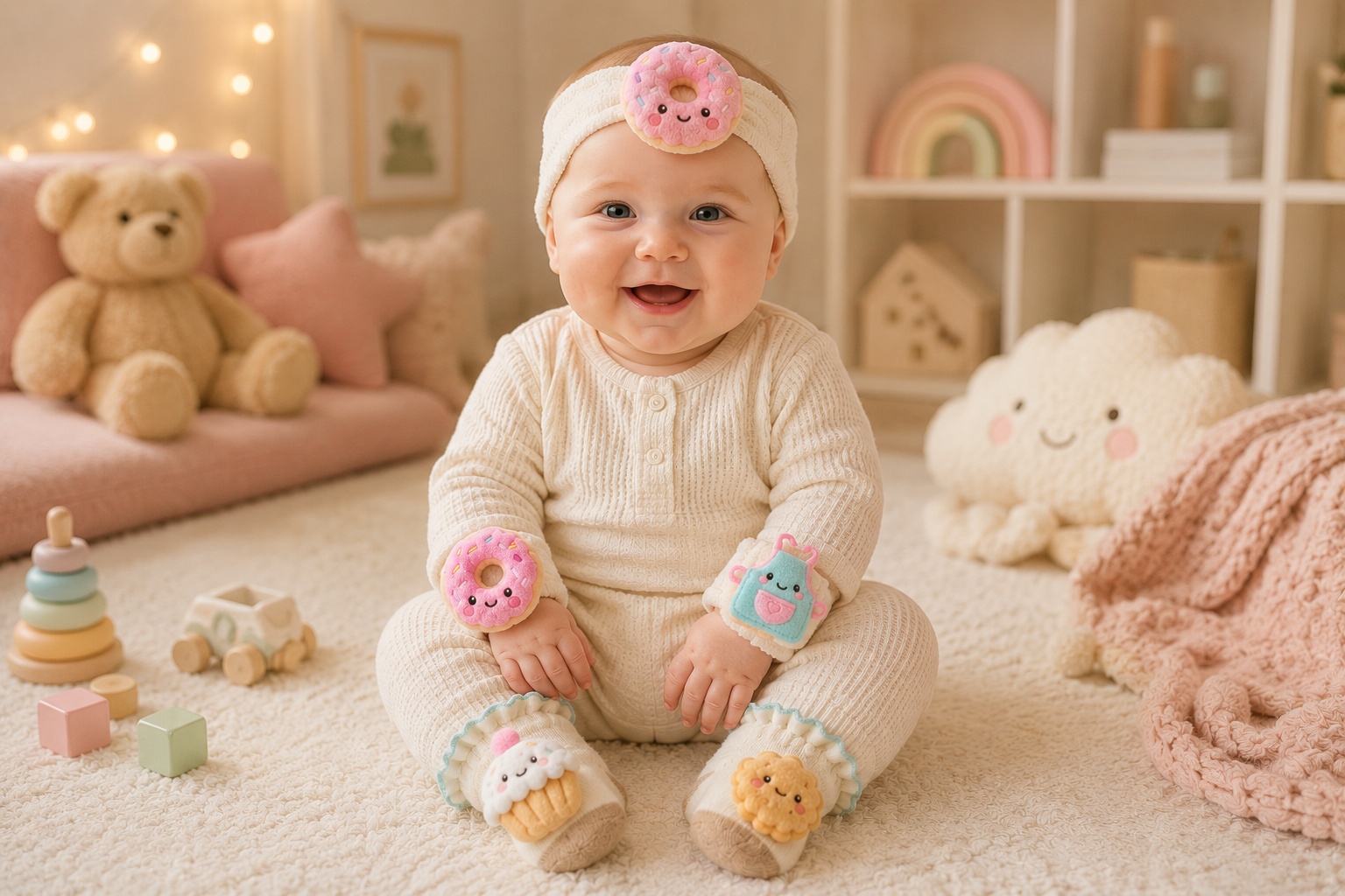 OEM Baby Girl Plush Headband, Socks & Bracelet Gift Box Set with Donut and Cupcake Designs