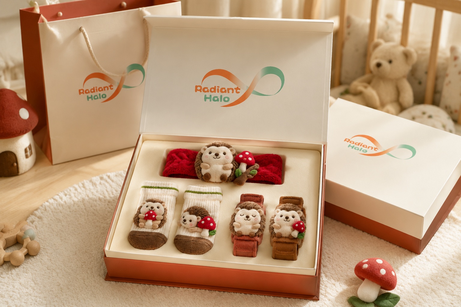 Wholesale Hedgehog Plush Doll Baby Headband, Socks & Wristband Gift Set – Custom Boutique Baby Accessory Set