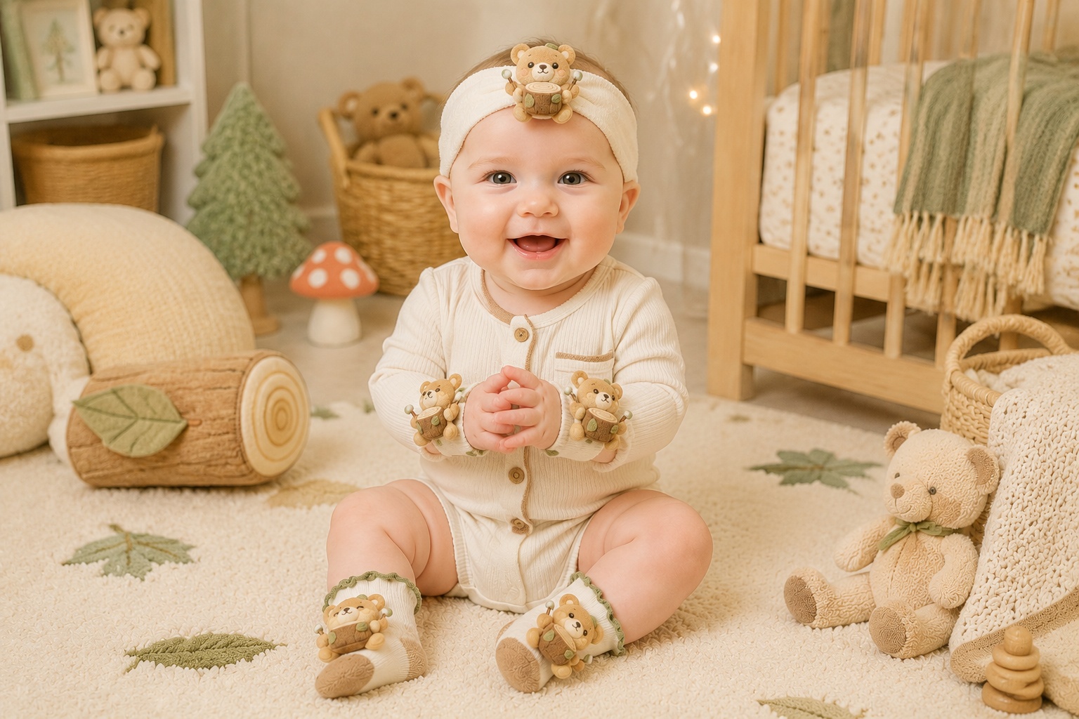 Wholesale Baby Gift Set – Plush Bear Headband, Knit Socks & Wristbands | Boutique-Ready Woodland Style