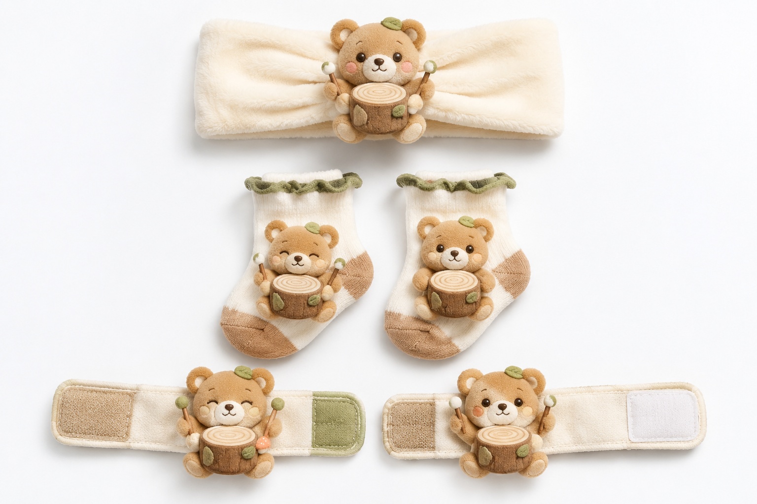 Wholesale Baby Gift Set – Plush Bear Headband, Knit Socks & Wristbands | Boutique-Ready Woodland Style