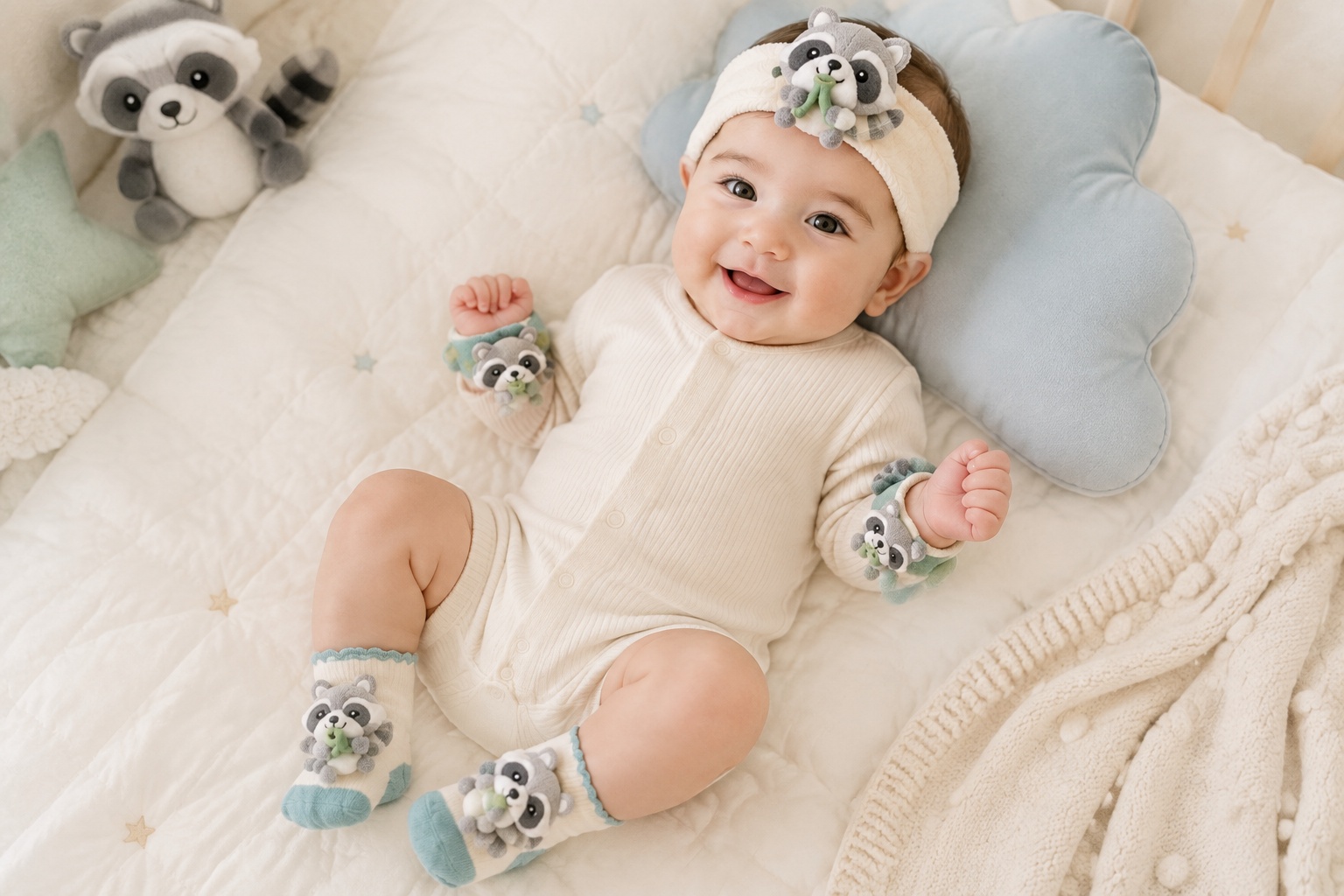 Wholesale Baby Gift Set – Plush Raccoon Headband, Knit Socks & Wristbands | Soft Woodland Boutique Collection