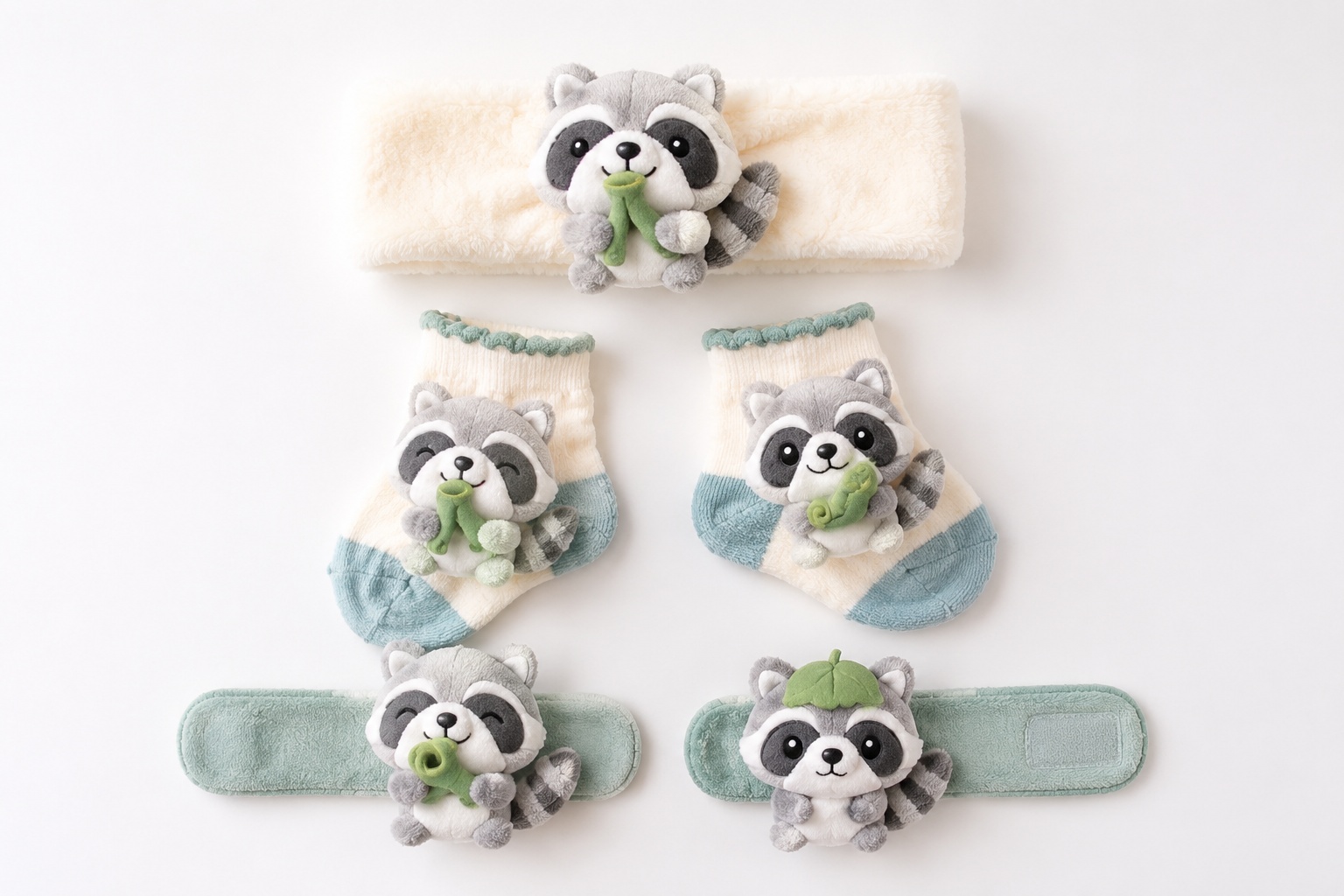 Wholesale Baby Gift Set – Plush Raccoon Headband, Knit Socks & Wristbands | Soft Woodland Boutique Collection