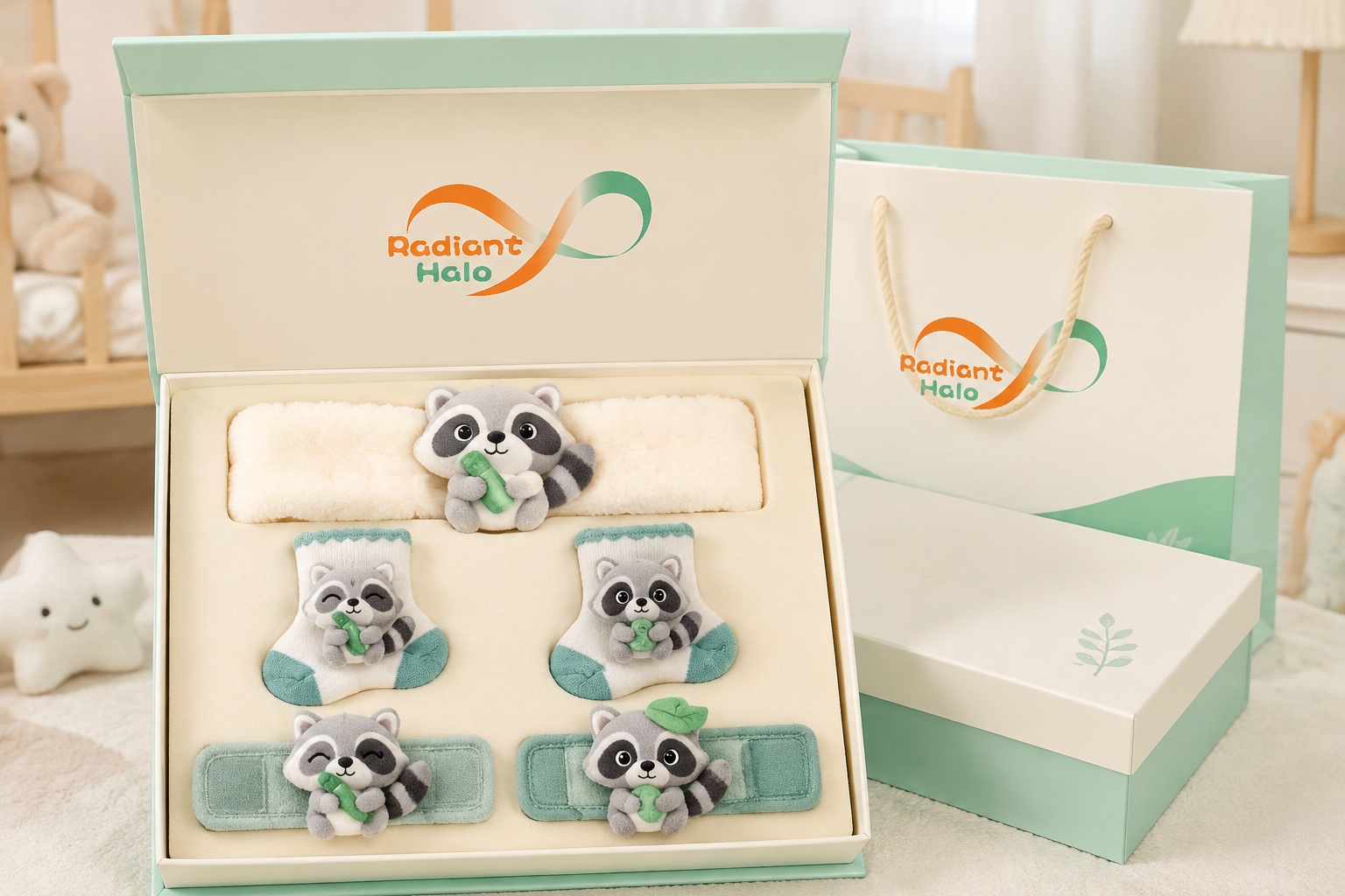 Wholesale Baby Gift Set – Plush Raccoon Headband, Knit Socks & Wristbands | Soft Woodland Boutique Collection
