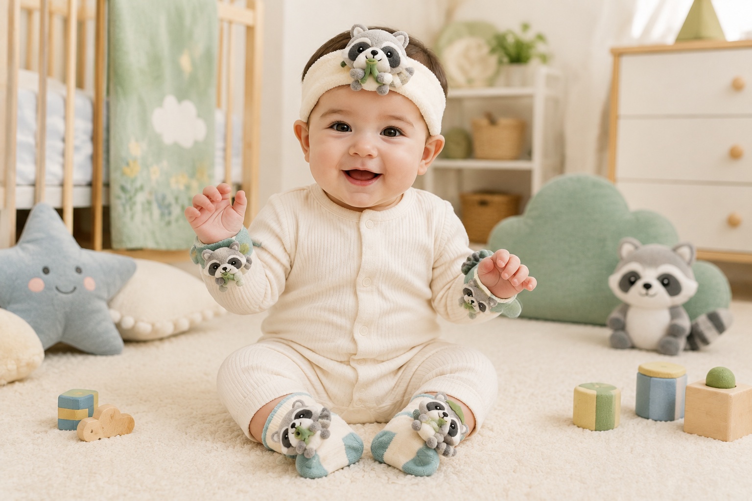 Wholesale Baby Gift Set – Plush Raccoon Headband, Knit Socks & Wristbands | Soft Woodland Boutique Collection