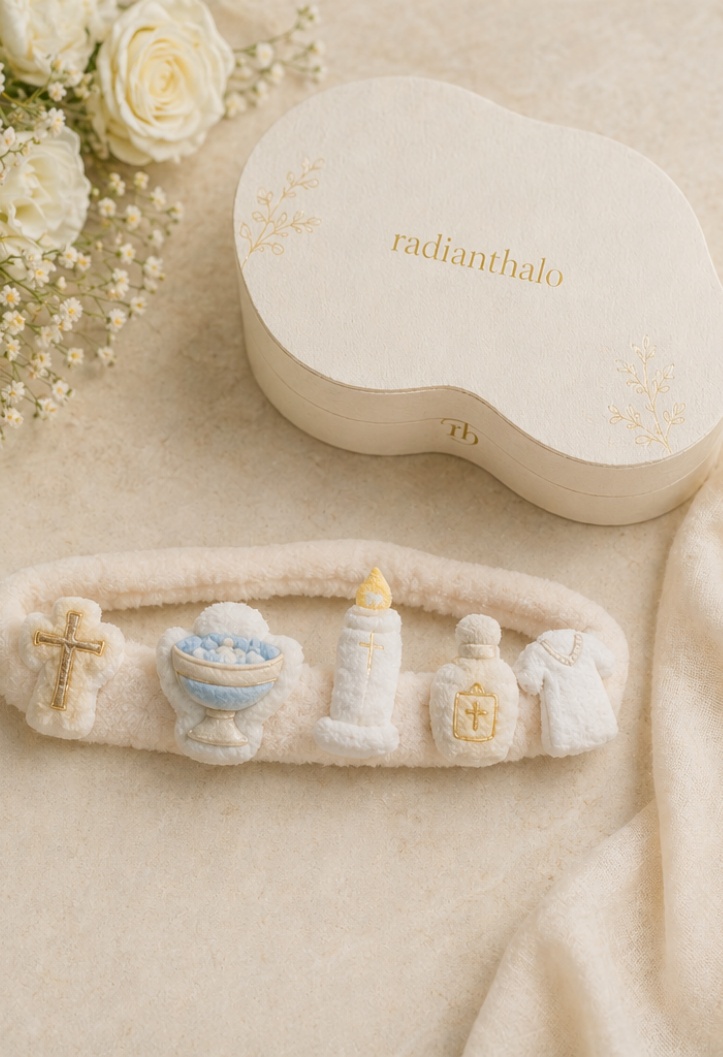 Großhandel OEM Weißes Tauf-Baby-Haarband mit abnehmbaren Plüschpuppen, Kelch, Kerze, Kreuz und Blumen
