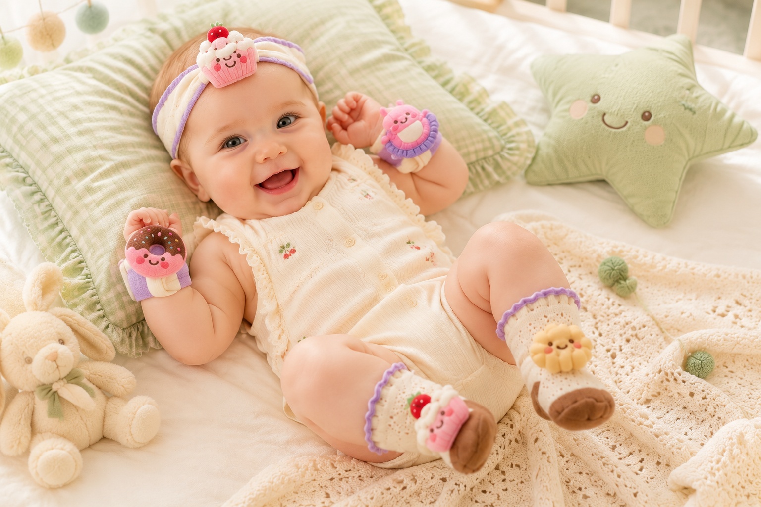 Wholesale Baby Plush Cupcake Headband Gift Set with Matching Lace Socks and Dessert Wristbands