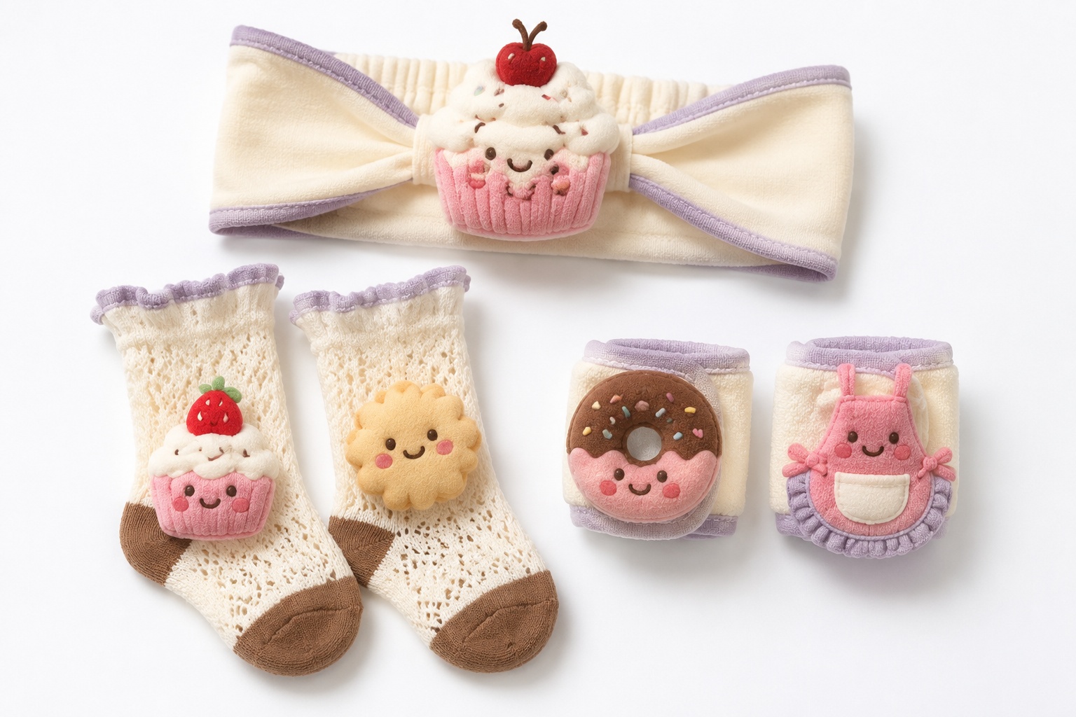 Wholesale Baby Plush Cupcake Headband Gift Set with Matching Lace Socks and Dessert Wristbands