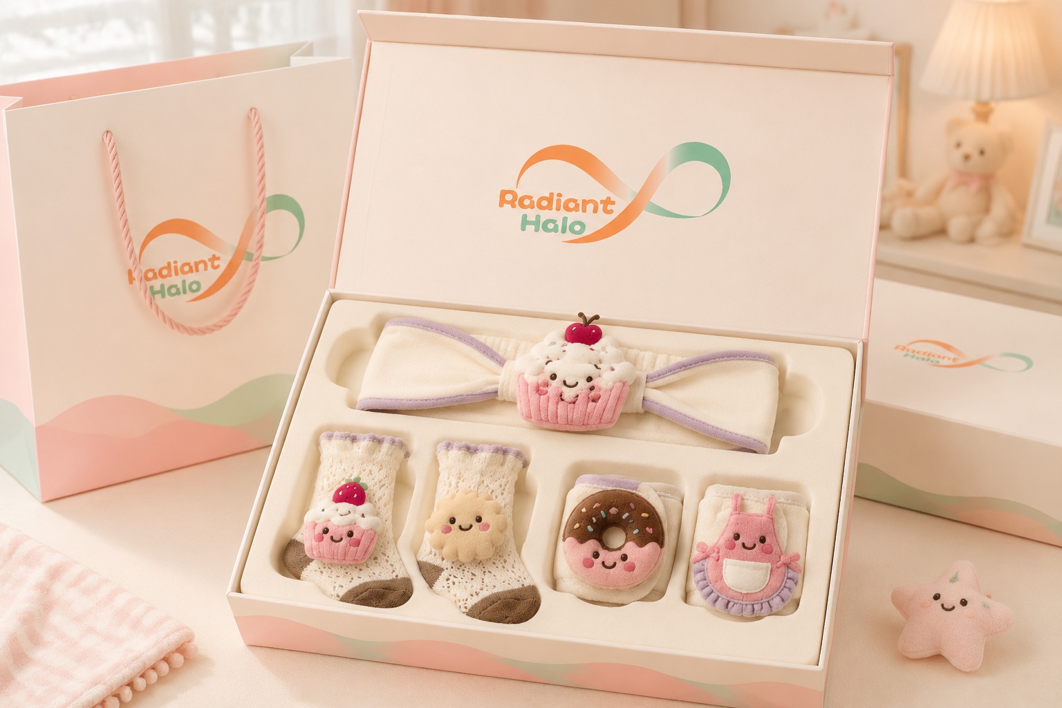 Wholesale Baby Plush Cupcake Headband Gift Set with Matching Lace Socks and Dessert Wristbands