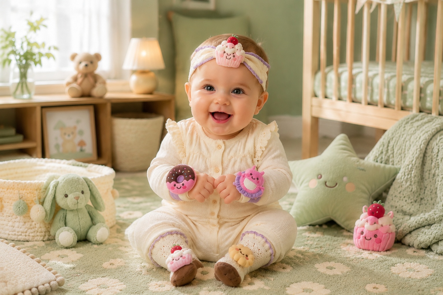 Wholesale Baby Plush Cupcake Headband Gift Set with Matching Lace Socks and Dessert Wristbands