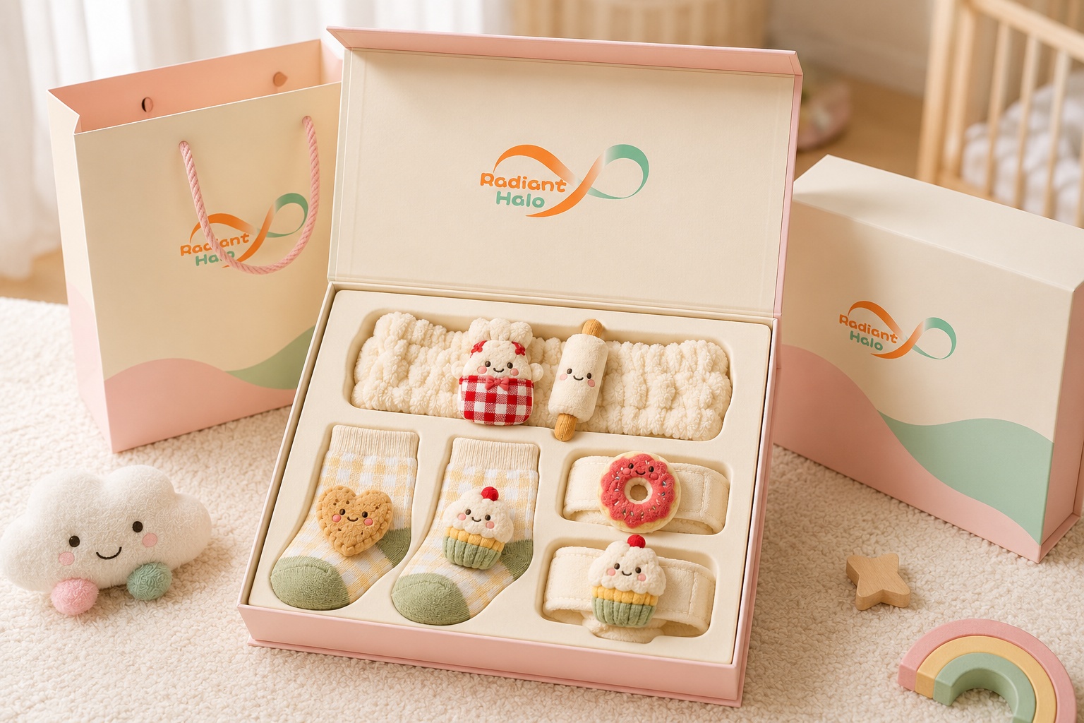 Wholesale Baby Plush Doll Headband, Socks & Wristband Gift Set with Removable Dessert Charms