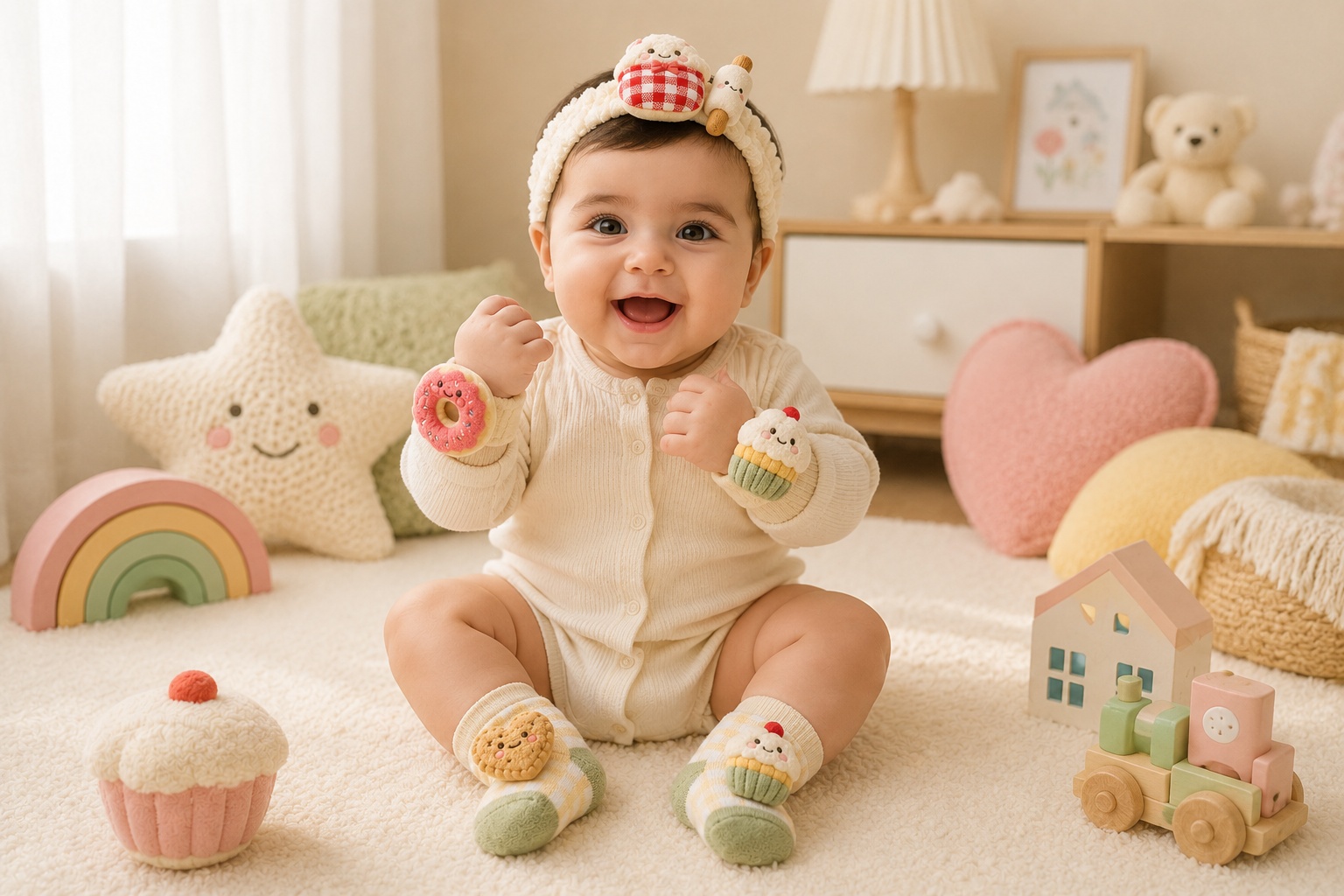 Wholesale Baby Plush Doll Headband, Socks & Wristband Gift Set with Removable Dessert Charms