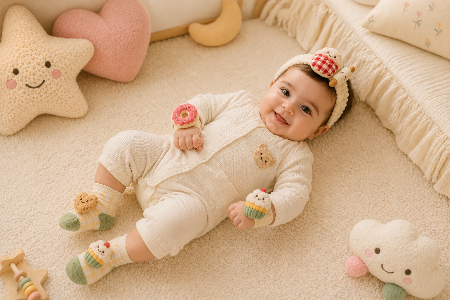 Wholesale Baby Plush Doll Headband, Socks & Wristband Gift Set with Removable Dessert Charms