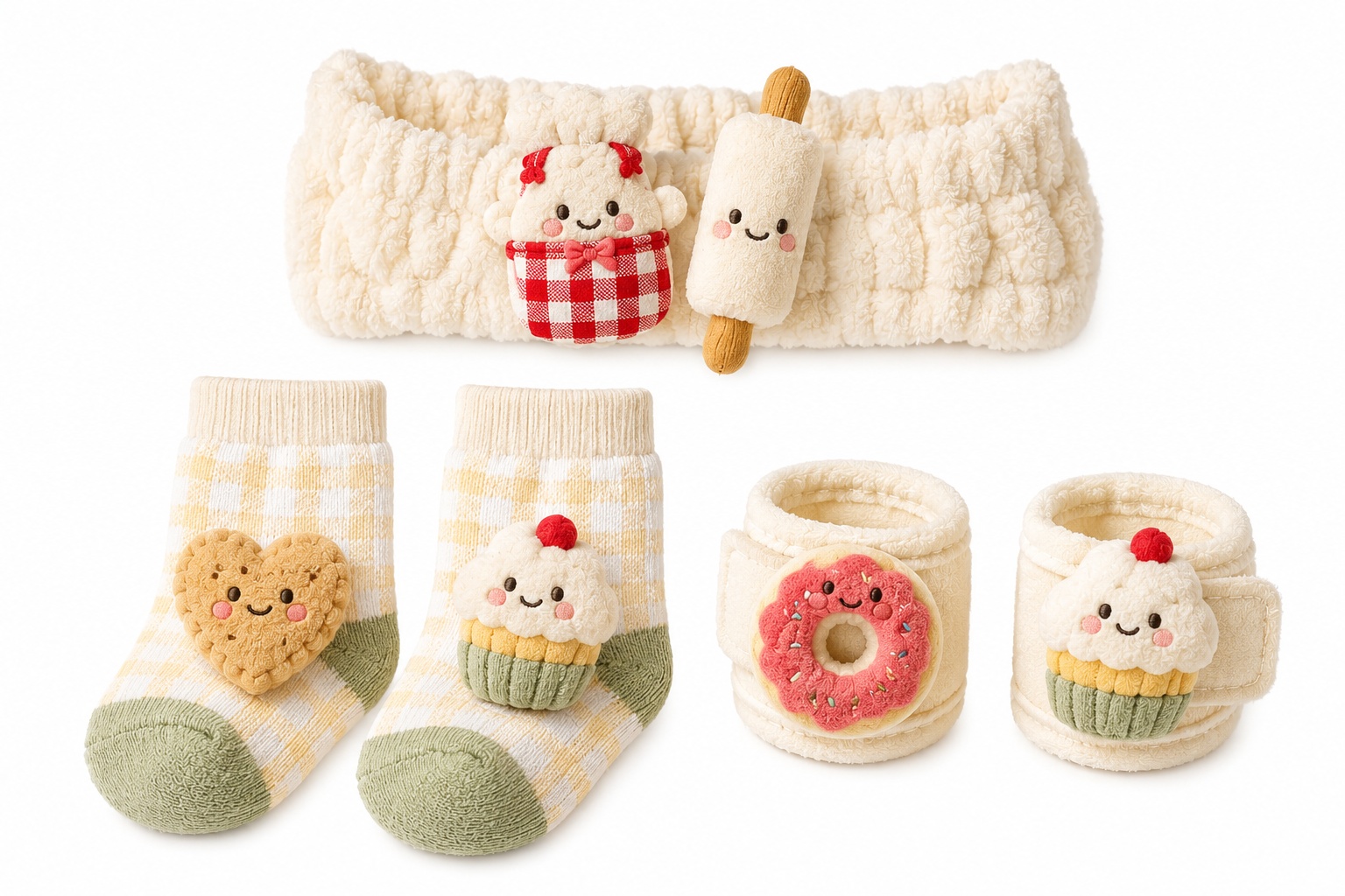 Wholesale Baby Plush Doll Headband, Socks & Wristband Gift Set with Removable Dessert Charms