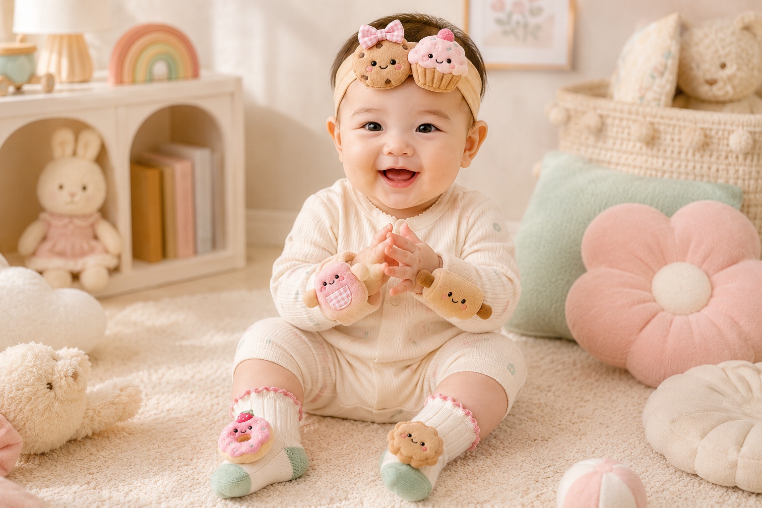 Factory Supply Baby Removable Plush Doll Headband, Socks & Wristband Gift Box Set for Boutiques