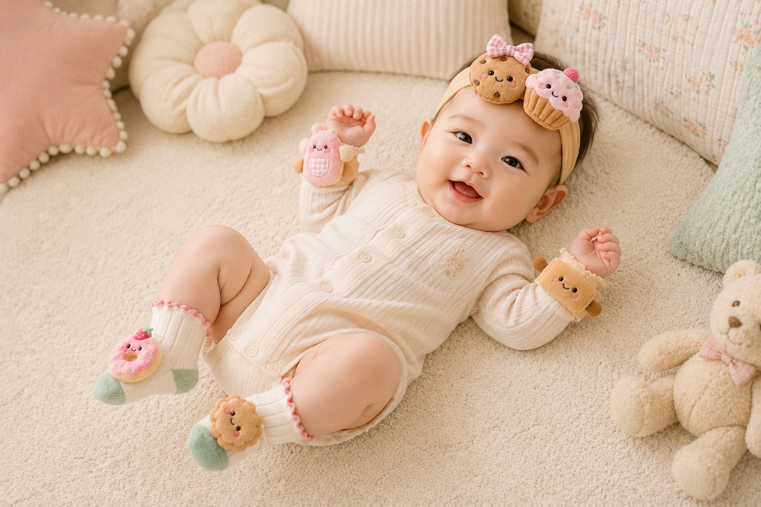 Factory Supply Baby Removable Plush Doll Headband, Socks & Wristband Gift Box Set for Boutiques