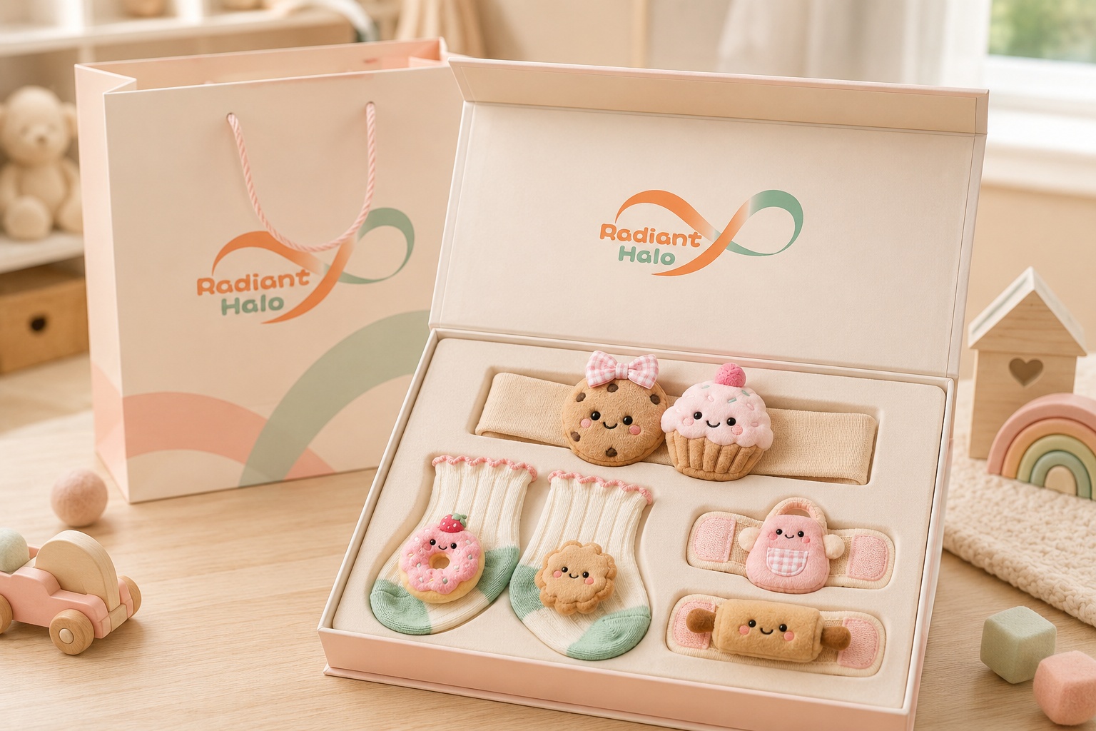 Factory Supply Baby Removable Plush Doll Headband, Socks & Wristband Gift Box Set for Boutiques