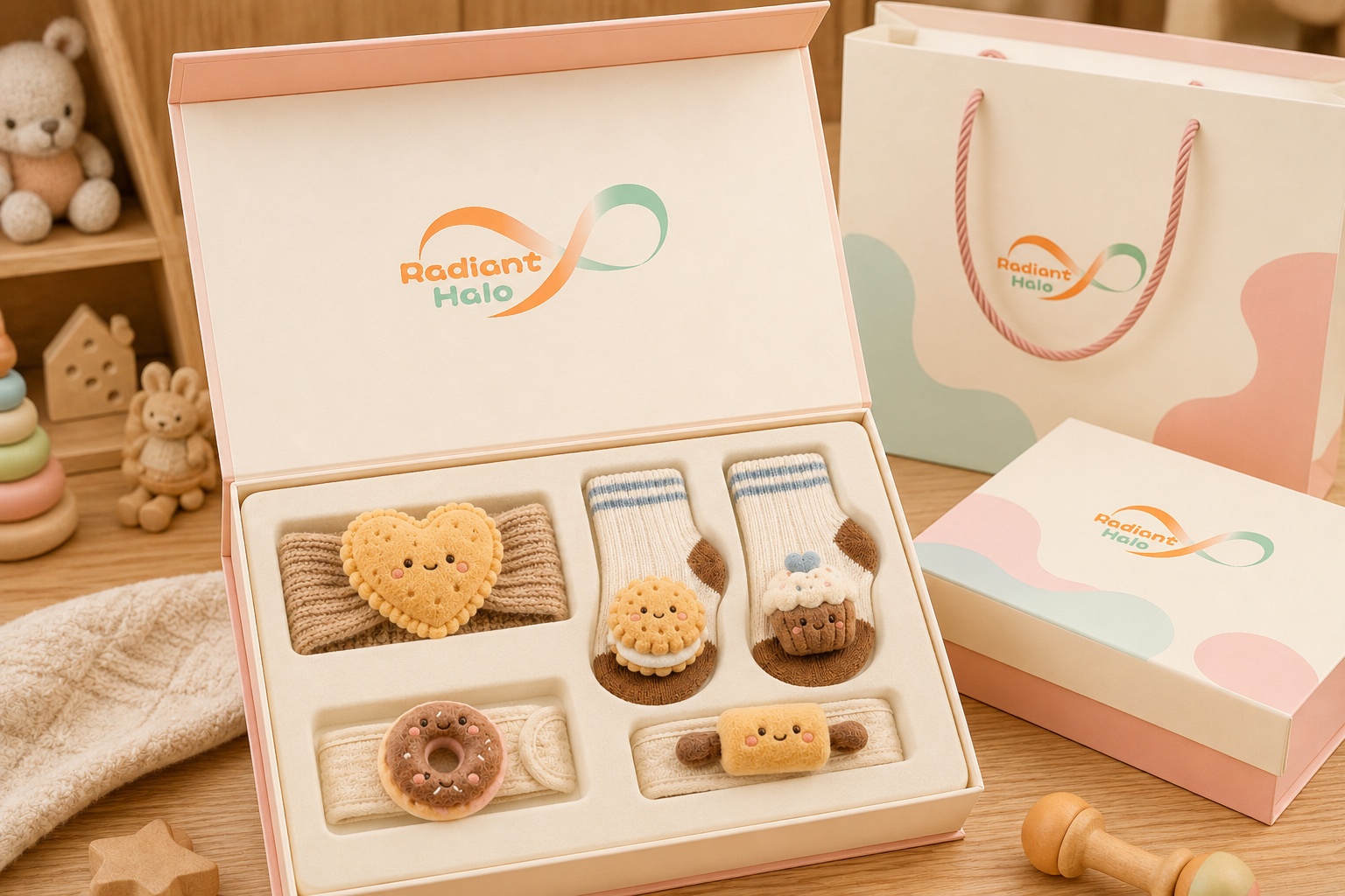 OEM Baby Dessert Plush Doll Headband Socks and Wristband Gift Set for Retail Chains