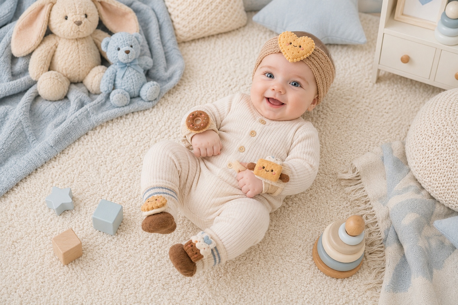 OEM Baby Dessert Plush Doll Headband Socks and Wristband Gift Set for Retail Chains