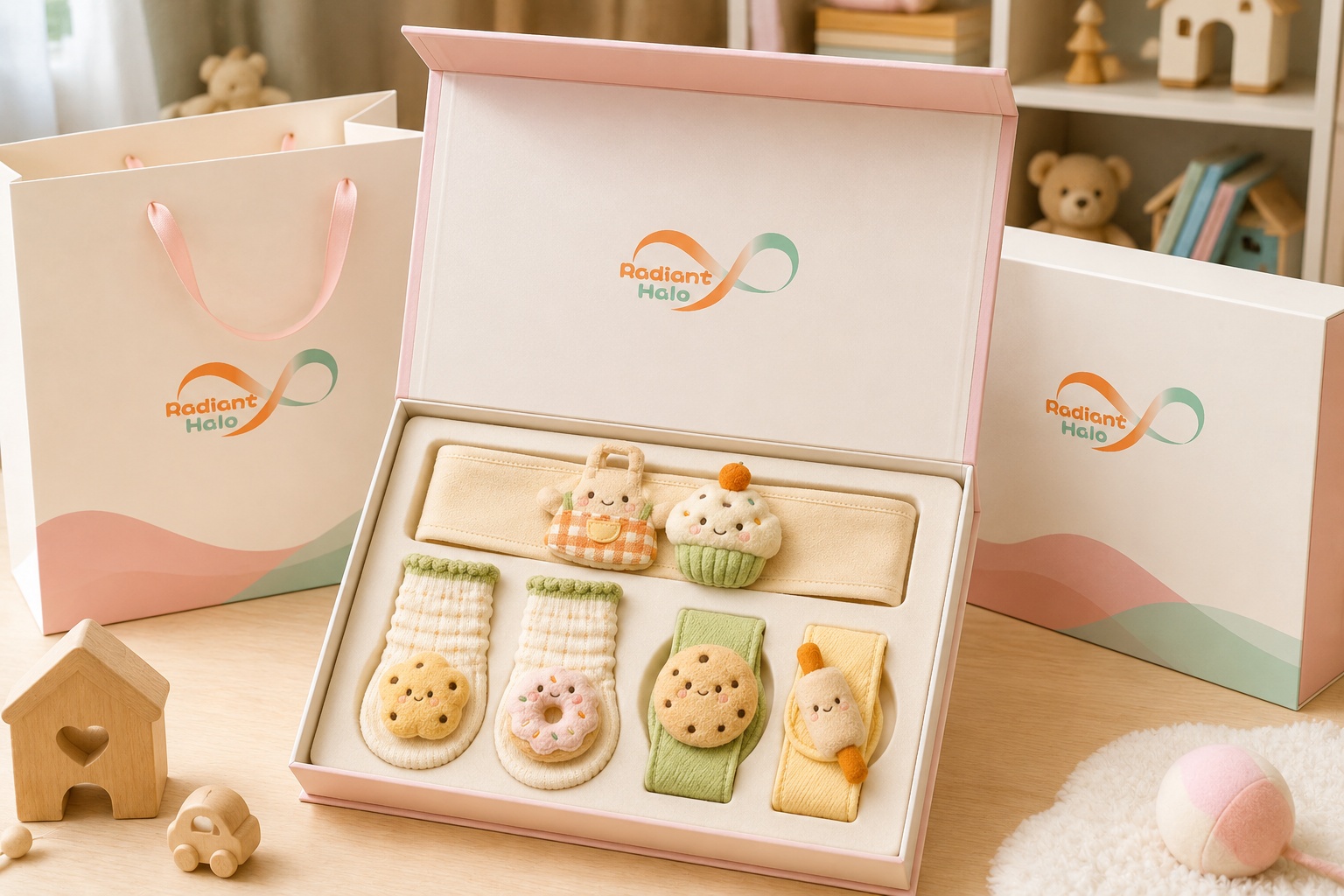 Wholesale Pastel Baby Plush Doll Headband Socks and Wristband Gift Set for Boutiques