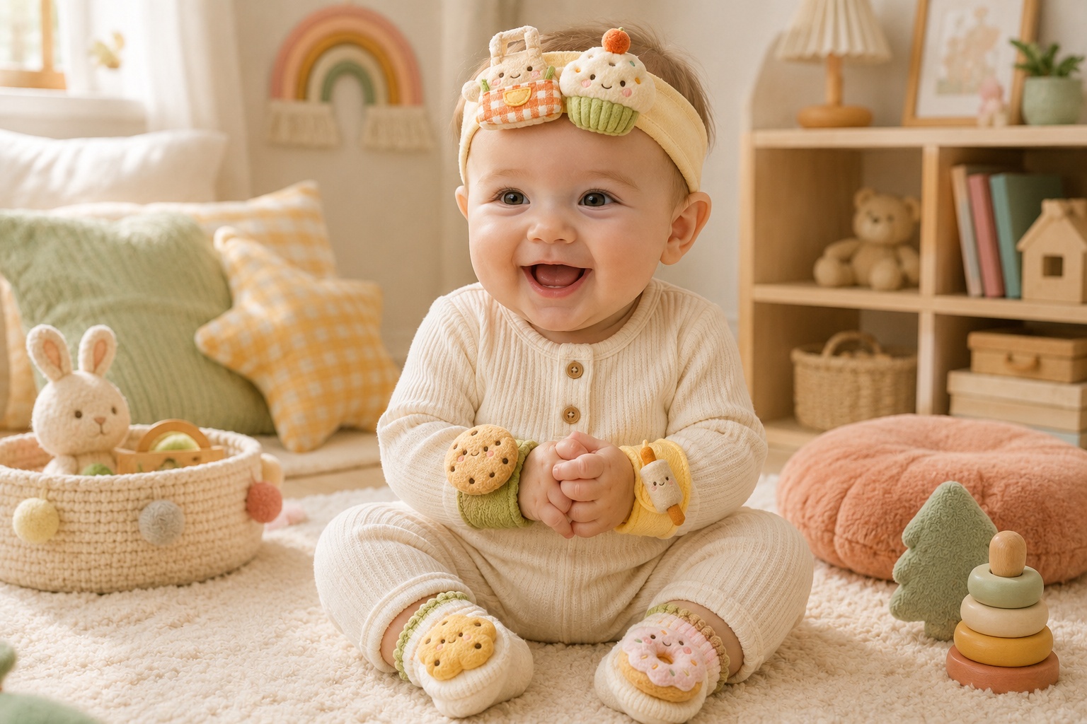 Wholesale Pastel Baby Plush Doll Headband Socks and Wristband Gift Set for Boutiques