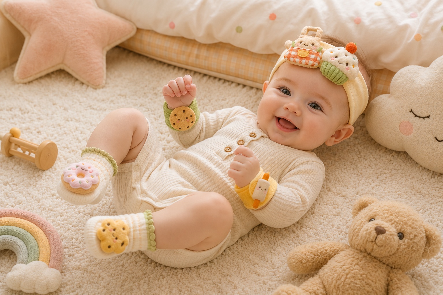 Wholesale Pastel Baby Plush Doll Headband Socks and Wristband Gift Set for Boutiques