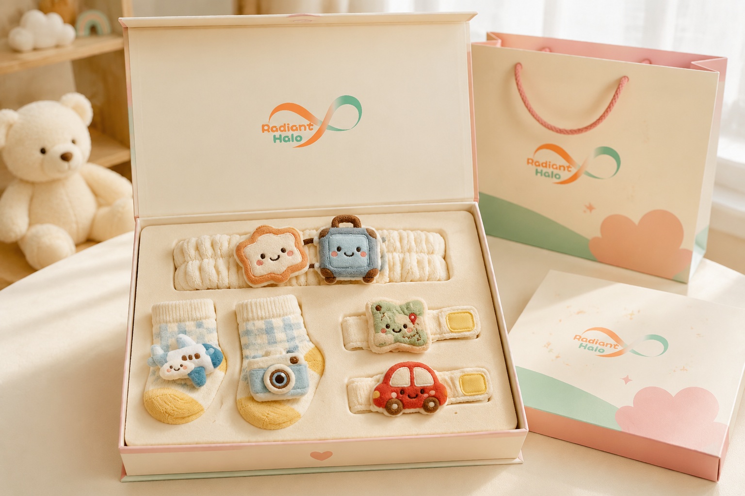 Wholesale Baby Travel Accessories Gift Set with Plush Headband, Airplane Socks, Camera Socks and Wristbands