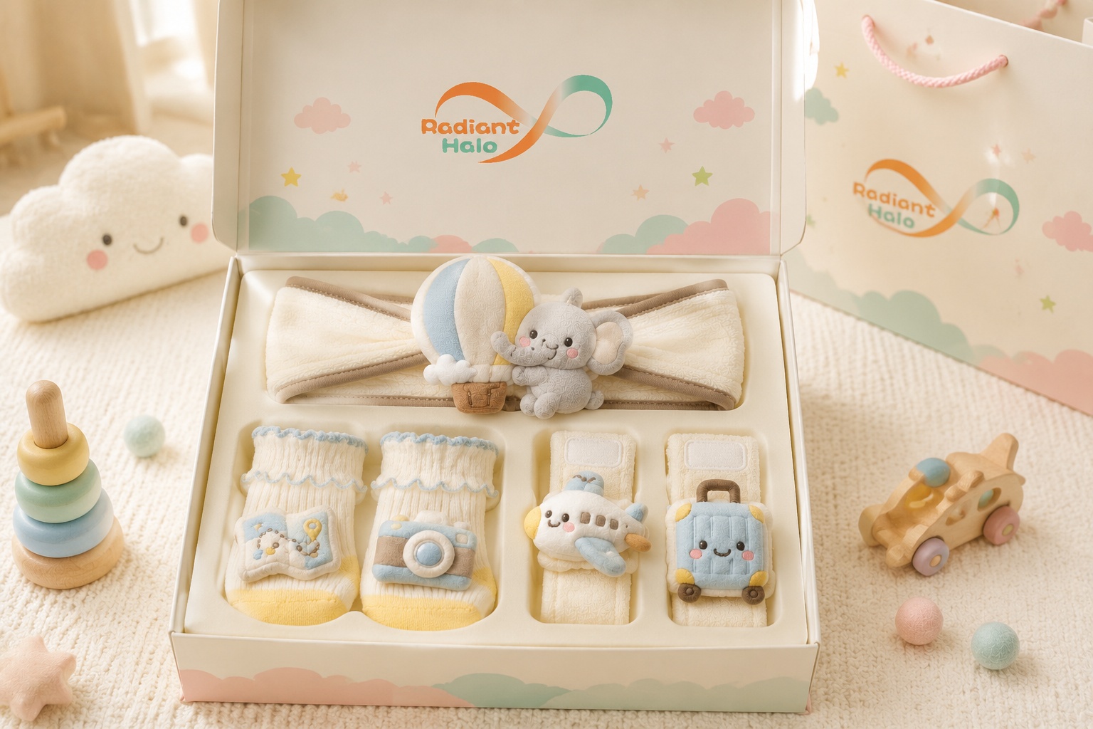 OEM Baby Travel Gift Set – Plush Elephant Hot Air Balloon Headband, Socks & Wristbands for Baby Boutique Retail Boxes