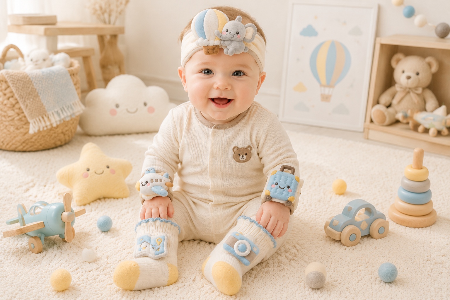 OEM Baby Travel Gift Set – Plush Elephant Hot Air Balloon Headband, Socks & Wristbands for Baby Boutique Retail Boxes
