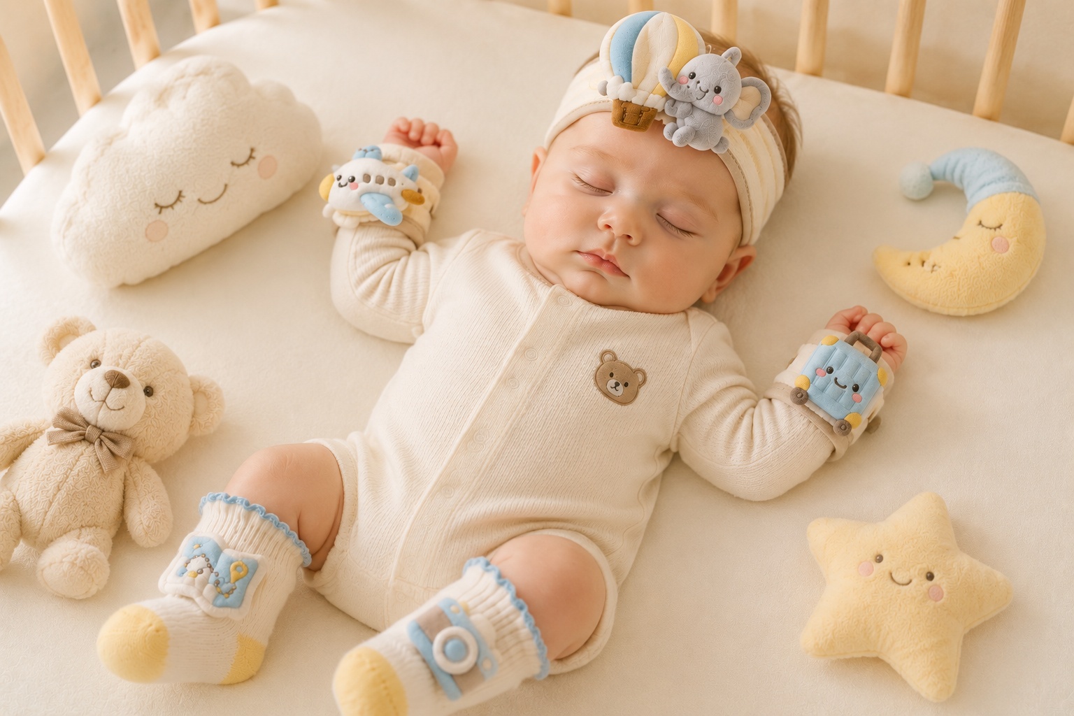 OEM Baby Travel Gift Set – Plush Elephant Hot Air Balloon Headband, Socks & Wristbands for Baby Boutique Retail Boxes