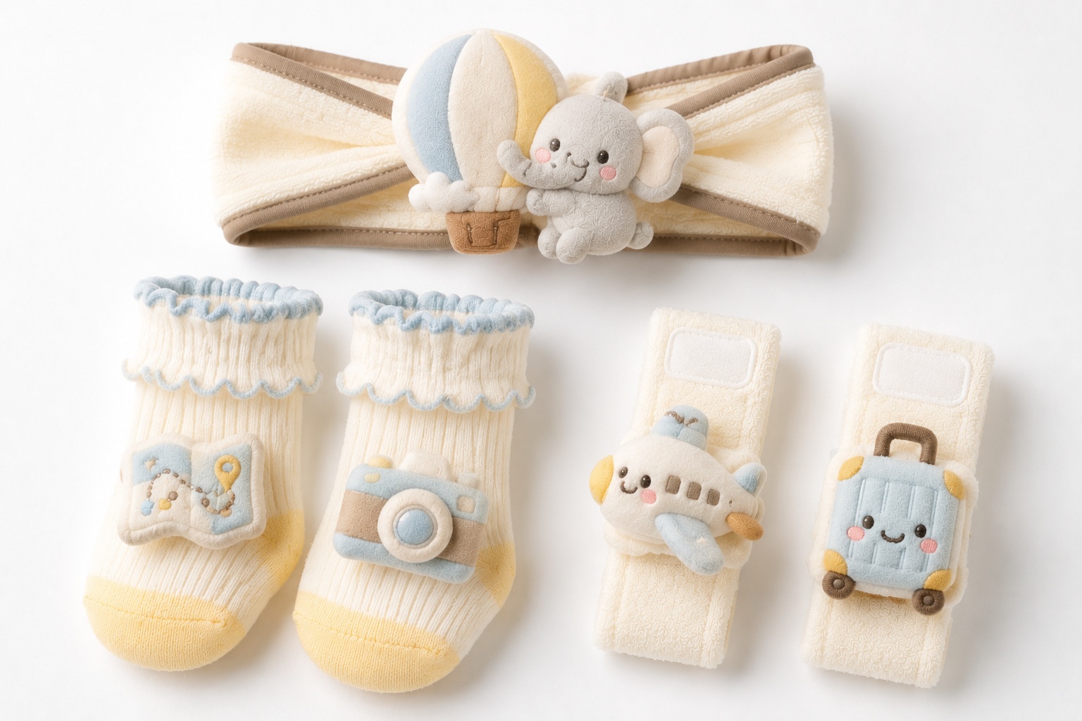 OEM Baby Travel Gift Set – Plush Elephant Hot Air Balloon Headband, Socks & Wristbands for Baby Boutique Retail Boxes
