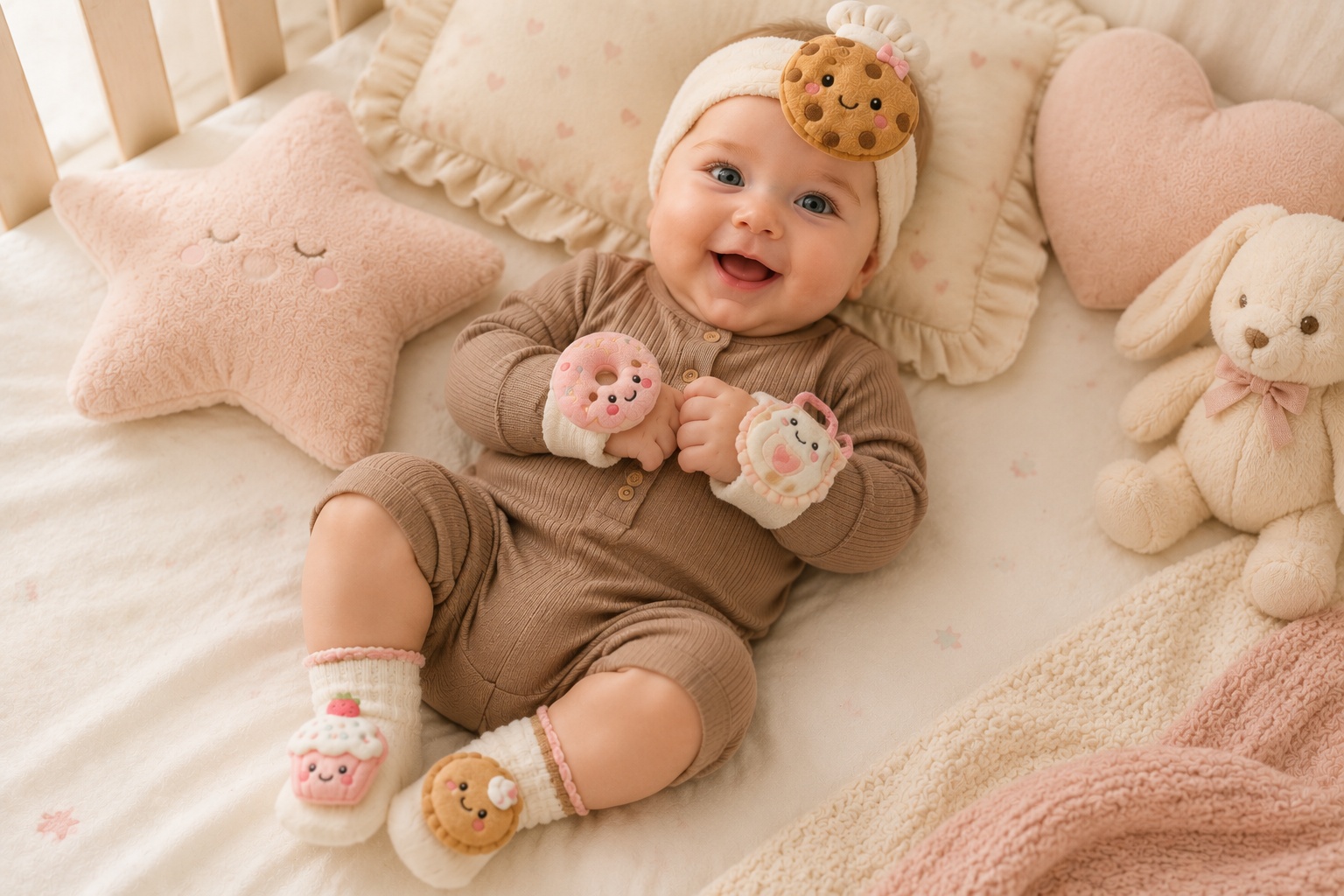 Wholesale Dessert-Themed Plush Baby Headband Gift Set with Matching Socks & Wristbands – Donut, Cookie & Cupcake Collection | OEM Baby Boutique Supply