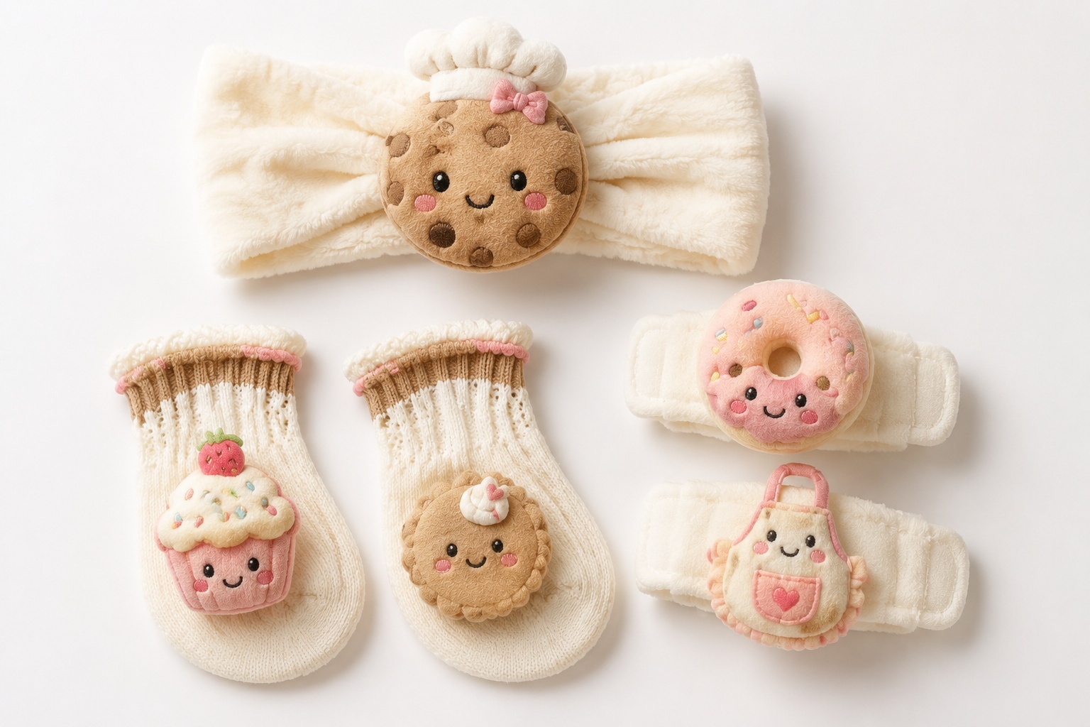 Wholesale Dessert-Themed Plush Baby Headband Gift Set with Matching Socks & Wristbands – Donut, Cookie & Cupcake Collection | OEM Baby Boutique Supply