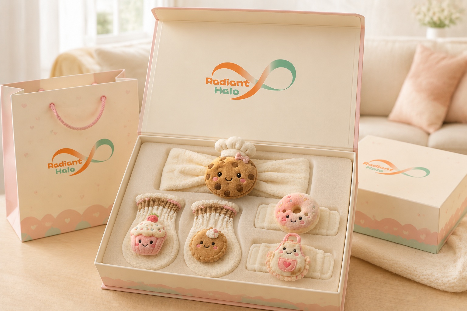 Wholesale Dessert-Themed Plush Baby Headband Gift Set with Matching Socks & Wristbands – Donut, Cookie & Cupcake Collection | OEM Baby Boutique Supply