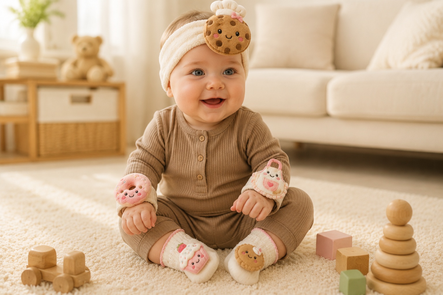 Wholesale Dessert-Themed Plush Baby Headband Gift Set with Matching Socks & Wristbands – Donut, Cookie & Cupcake Collection | OEM Baby Boutique Supply
