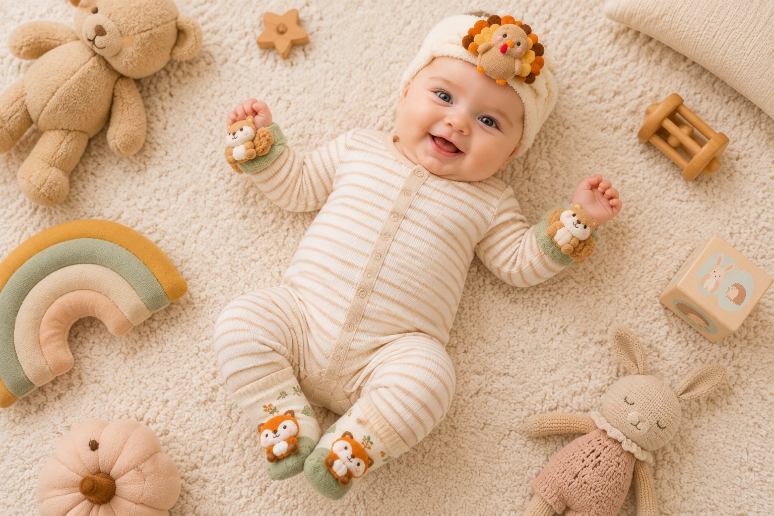 Wholesale Plush Baby Headband Gift Set with Matching Socks & Wristbands – Turkey & Fox Autumn Collection | OEM Baby Boutique Supply