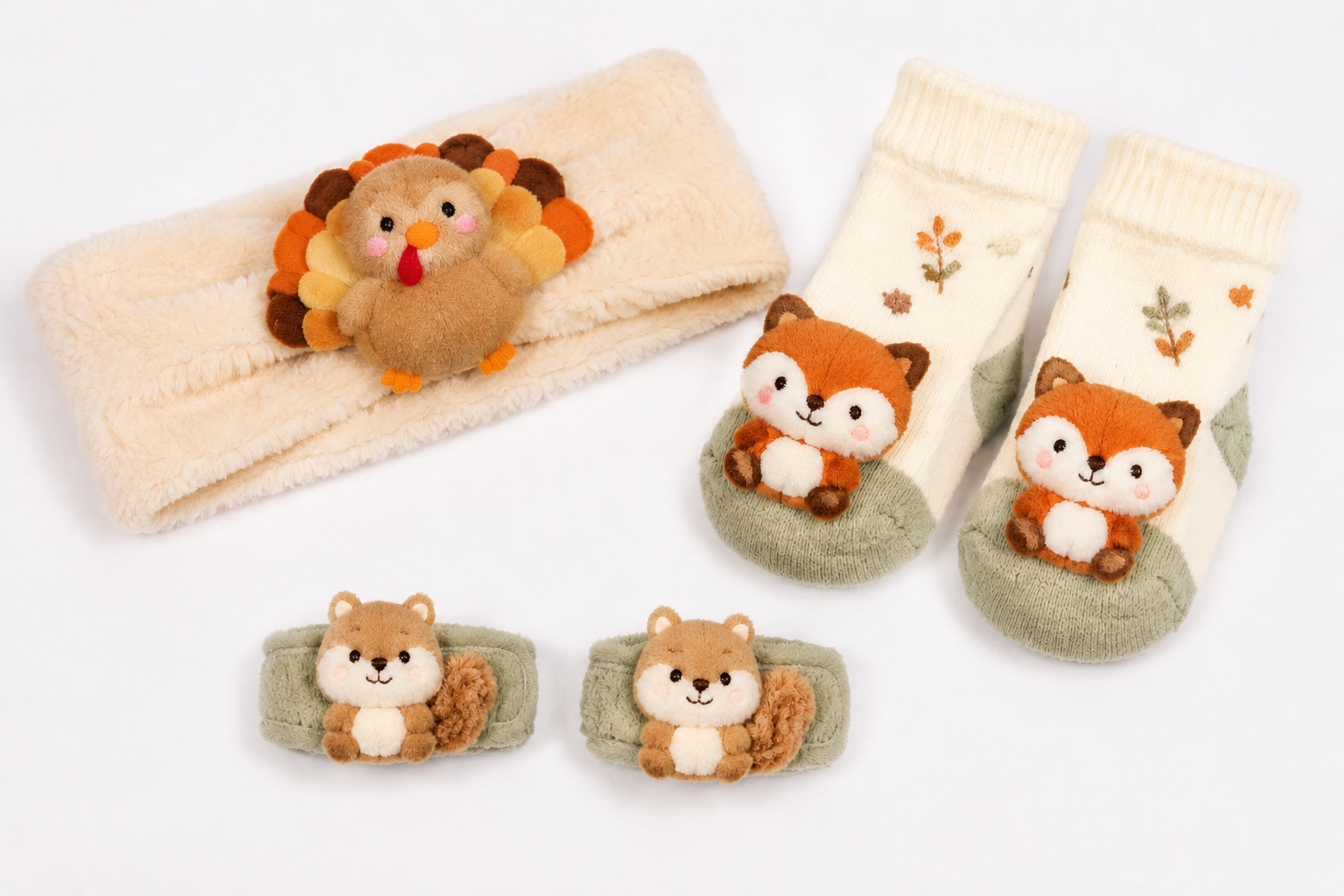 Wholesale Plush Baby Headband Gift Set with Matching Socks & Wristbands – Turkey & Fox Autumn Collection | OEM Baby Boutique Supply