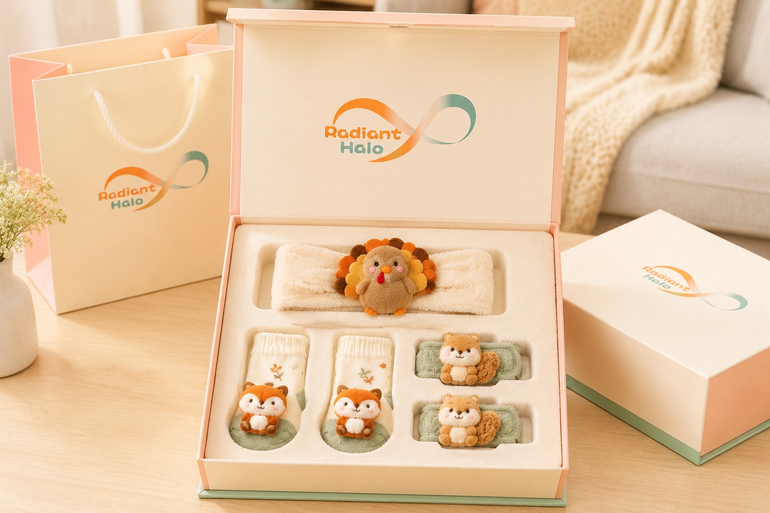 Wholesale Plush Baby Headband Gift Set with Matching Socks & Wristbands – Turkey & Fox Autumn Collection | OEM Baby Boutique Supply