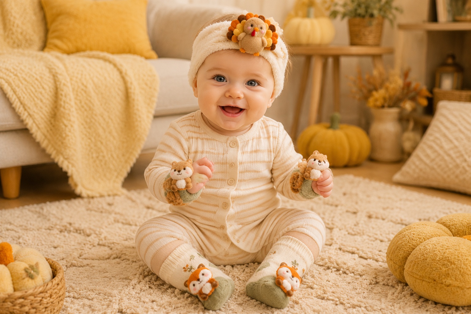Wholesale Plush Baby Headband Gift Set with Matching Socks & Wristbands – Turkey & Fox Autumn Collection | OEM Baby Boutique Supply