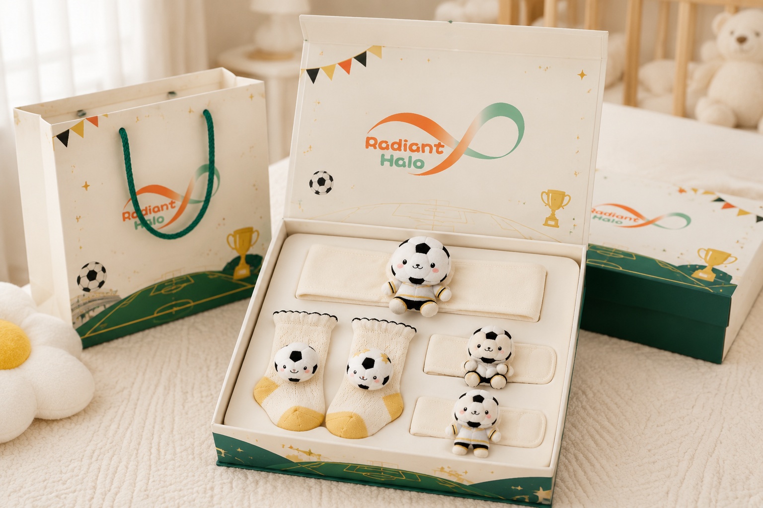 Wholesale Black Gold Soccer Baby Gift Set – Plush Football Headband, Socks & Wrist Rattles