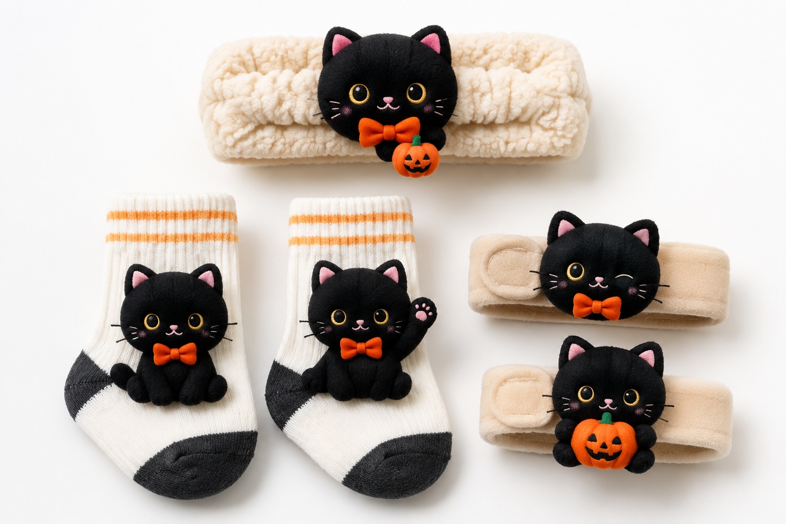 Wholesale Halloween Black Cat Baby Headband Gift Set with Socks & Wristbands