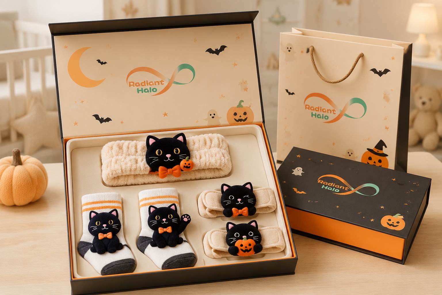 Wholesale Halloween Black Cat Baby Headband Gift Set with Socks & Wristbands