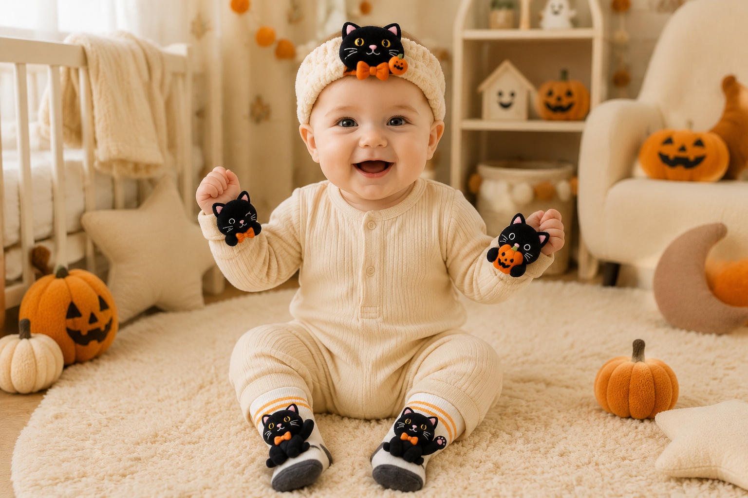 Wholesale Halloween Black Cat Baby Headband Gift Set with Socks & Wristbands